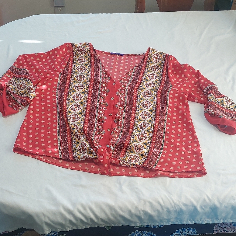West Kei Red Patterned Blouse.Abolone Buttons .Size Large